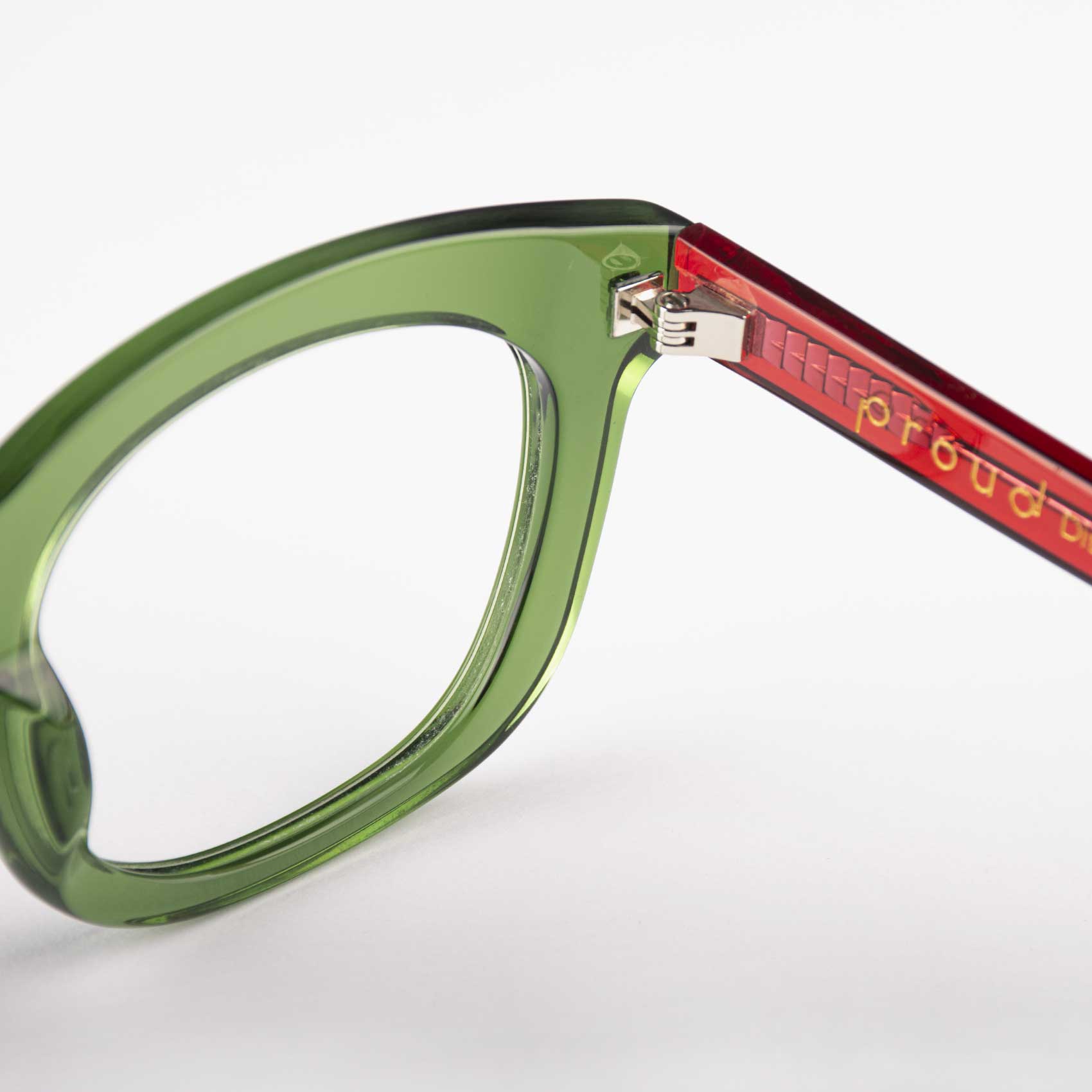 Detalle varilla gafas de acetato grueso Trengandín de Proud Eyewear