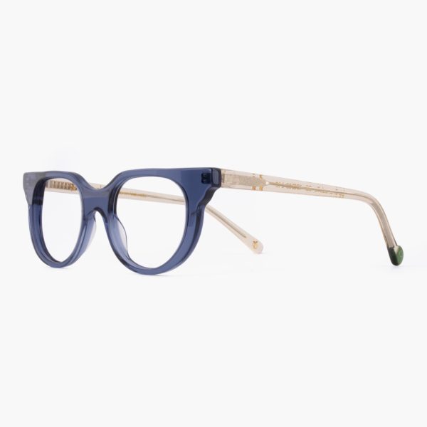 Vista lateral gafas coquetas graduadas en azul modelo La Granadella de Proud Eyewear