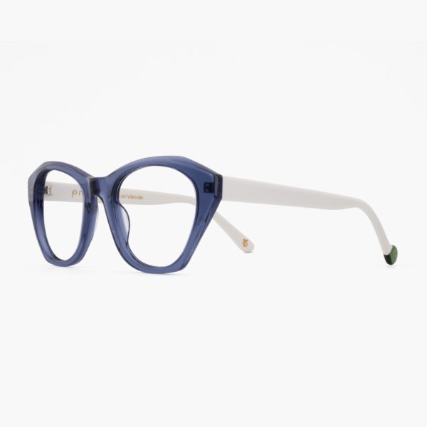 Vista lateral gafas de diseño ecológico en azul y blanco Son Bou de Proud Eyewear