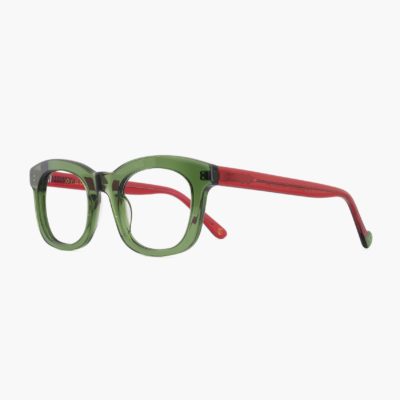 Vista lateral gafas de acetato grueso Trengandín de Proud Eyewear color verde y rojo
