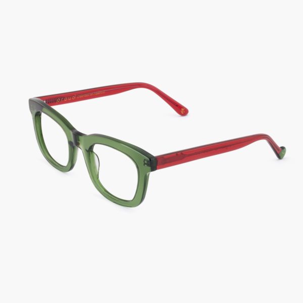 Vista perspectiva gafas de acetato grueso Trengandín de Proud Eyewear color verde y rojo