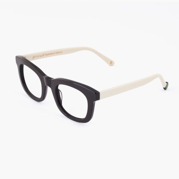Vista superior gafas de acetato grueso Trengandín de Proud Eyewear color negro y crema